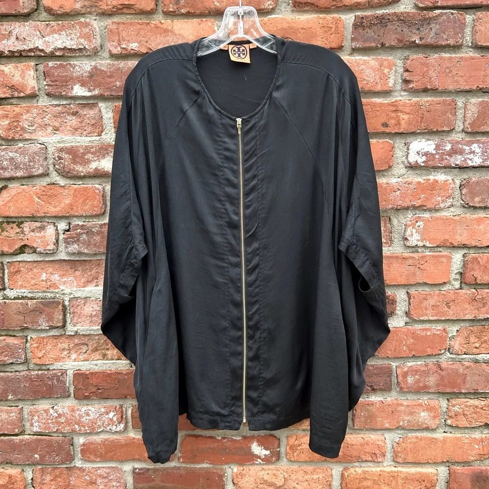 Tory Burch Black Silk Blend Dolman Sleeve Oversized Blouse Size 6 Pockets Zipper